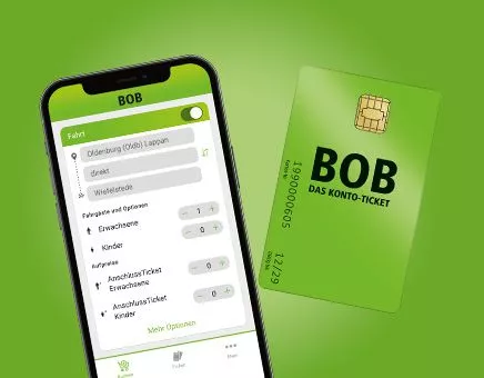 Ein Smartphone mit der BOB App und das BOB Ticket als Chipkarte